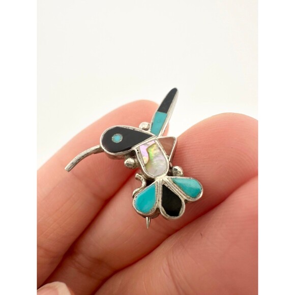 Native American sterling silver turquoise abalone hummingbird pendant pin - Picture 1 of 6